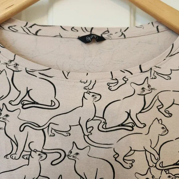 Kitty Cat Print Top Shirt Tan Black Whimsigoth Witchy Halloween Spirit Fairycore - Picture 5 of 15